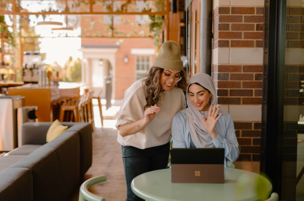 Two women video call