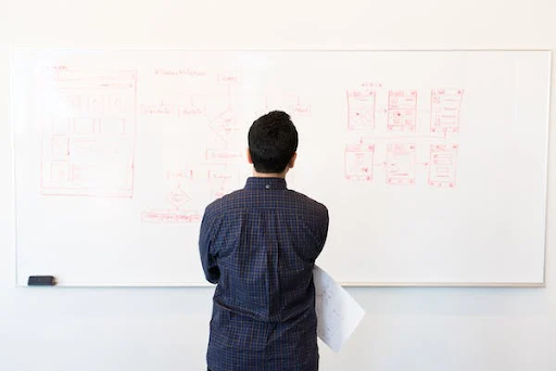 man looking at plans on whiteboard