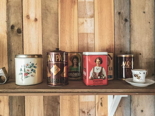 shelf with various tin pots