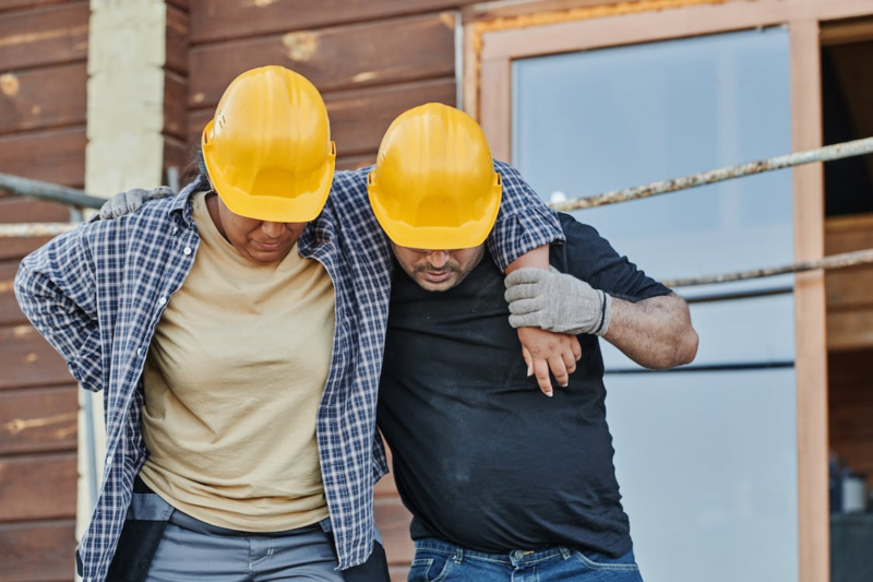 injured construction worker leaning on colleague