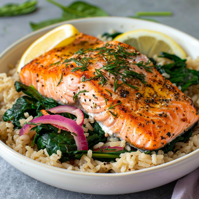 Salmon and Spinach Rice Bowl