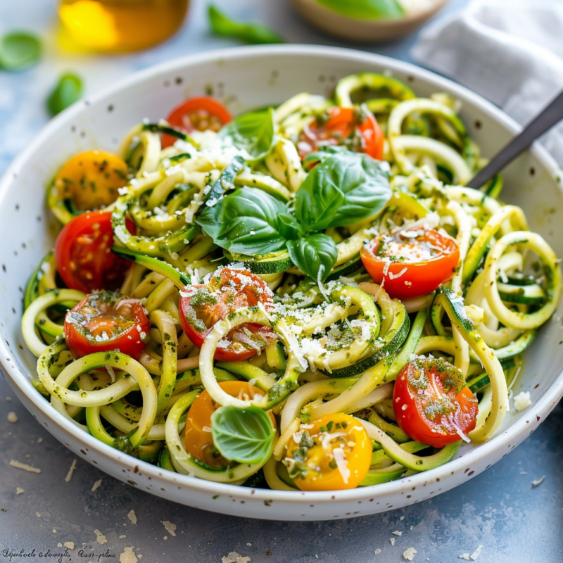 Zucchini Noodles with Pesto and Cherry Tomatoes