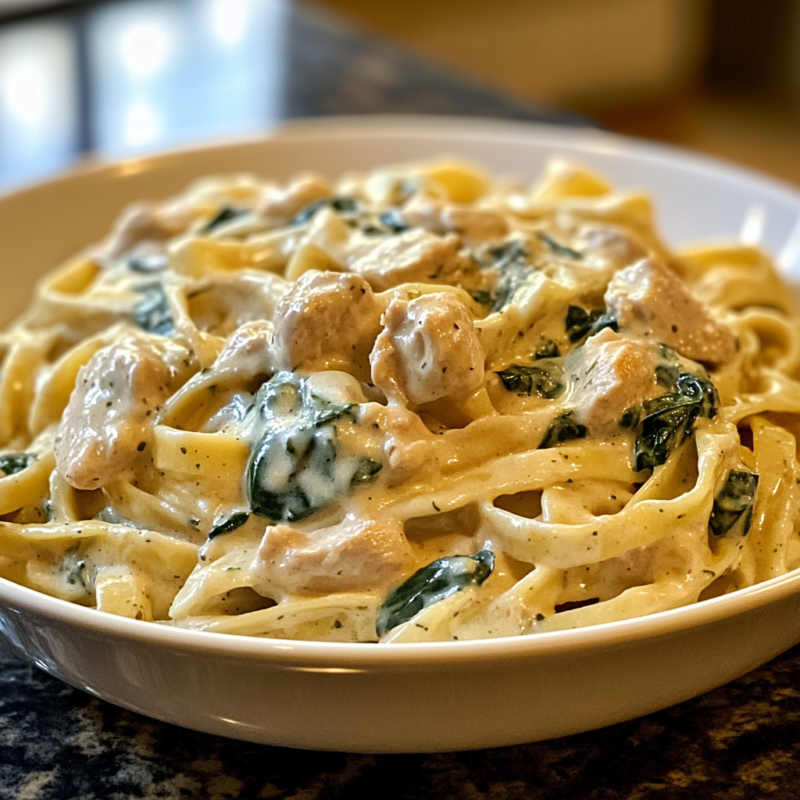 Ground Chicken and Spinach Alfredo Pasta