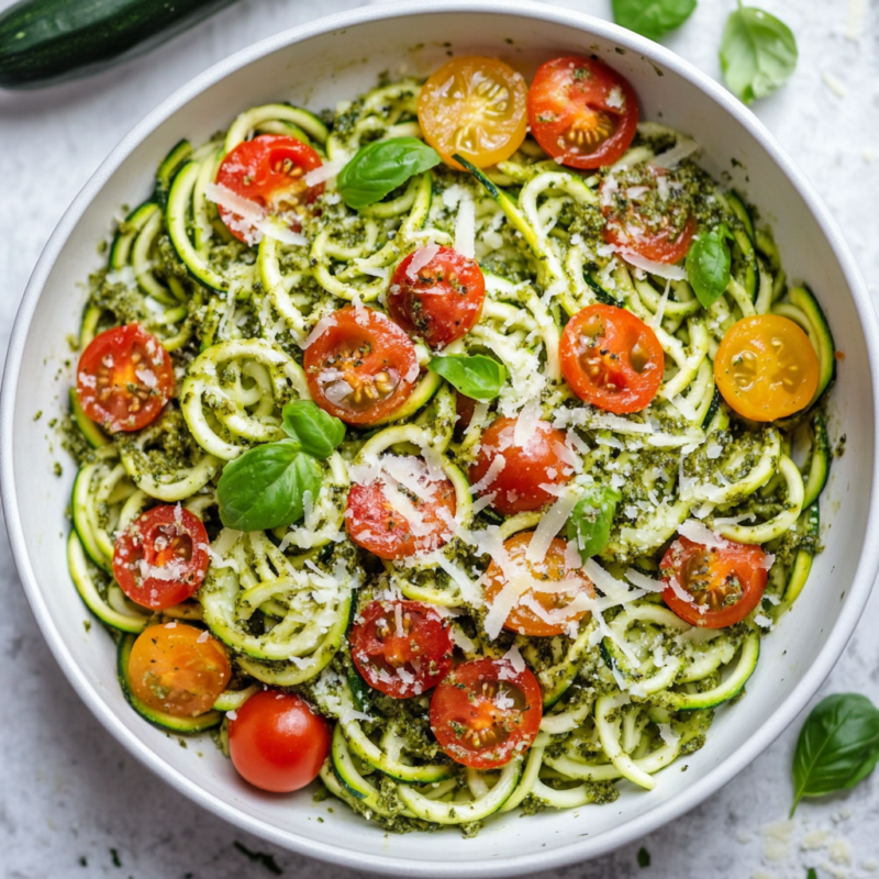 Keto Zucchini Noodles with Pesto and Cherry Tomatoes