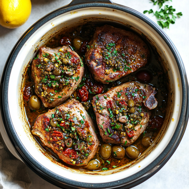 Slow Cooker Pork Chops with Mediterranean Olive Tapenade