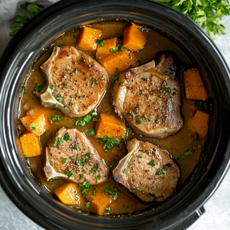 Slow Cooker Pork Chops with Sweet Potato and Maple Glaze