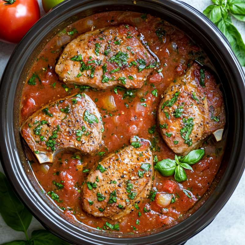 Slow Cooker Pork Chops with Tomato Basil Sauce
