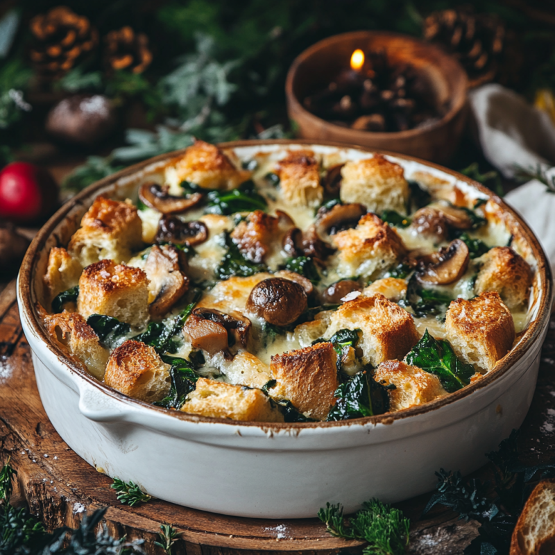 Savory Bread Pudding with Spinach and Mushrooms