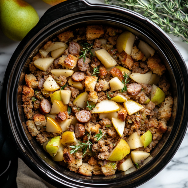Slow Cooker Pear and Sausage Stuffing