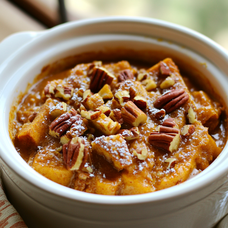Slow Cooker Pumpkin Pecan French Toast Casserole