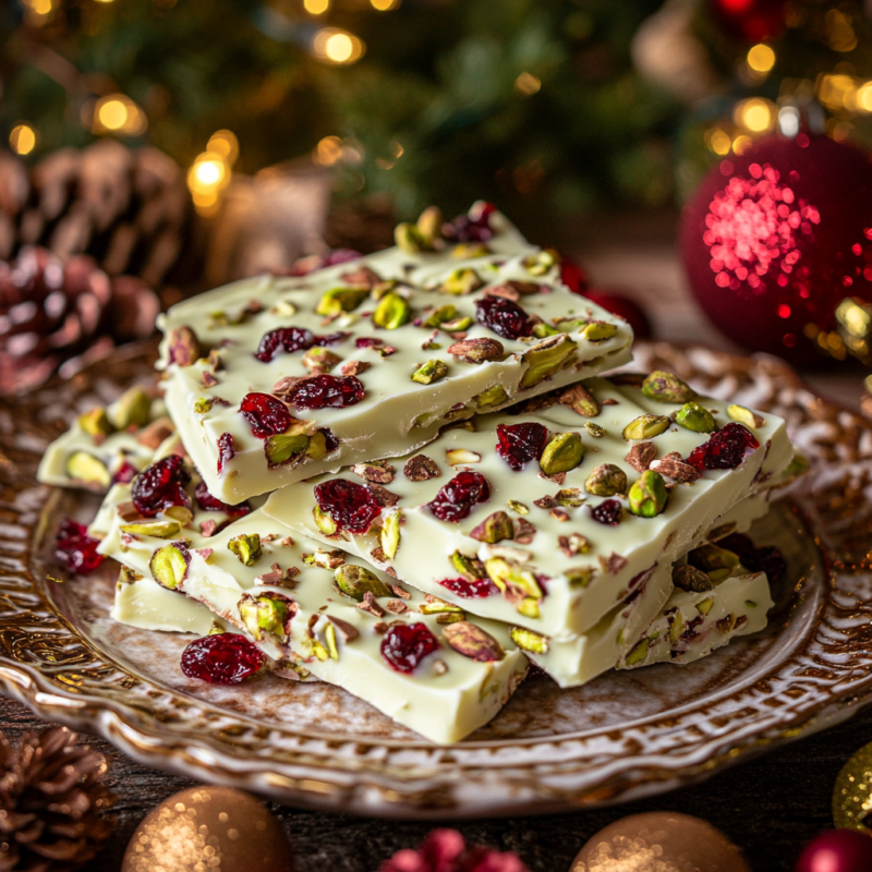 Pistachio and Cranberry White Chocolate Bark