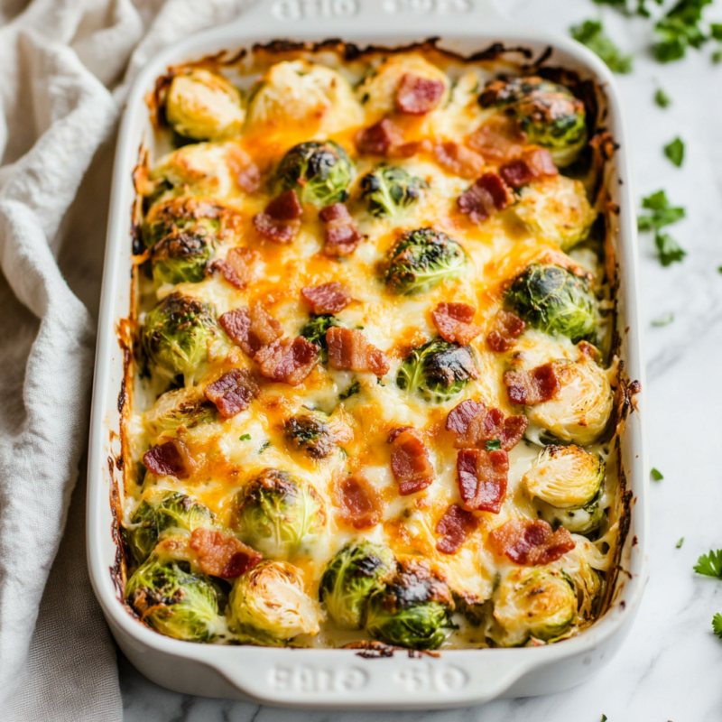 Keto Cheesy Bacon Brussels Sprouts Casserole