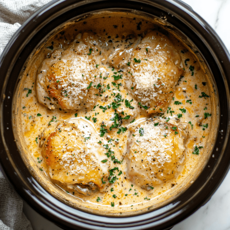 Crockpot Creamy Garlic Parmesan Chicken Thighs