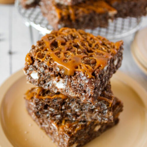 Chocolate Churro Rice Krispie Treats with Caramel Drizzle