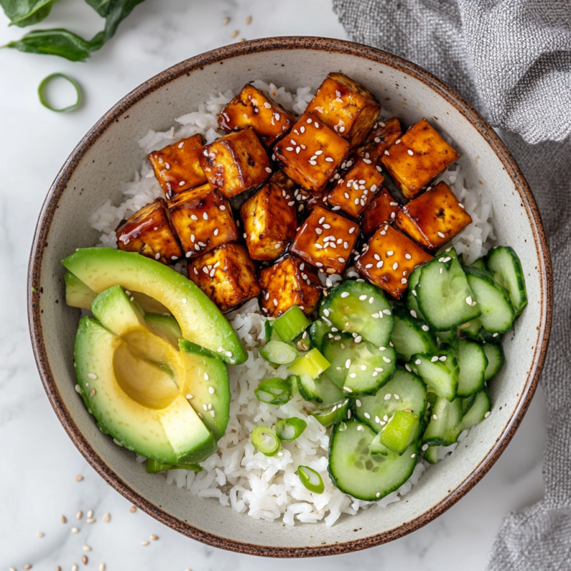 Spicy Tofu and Avocado Rice Bowl