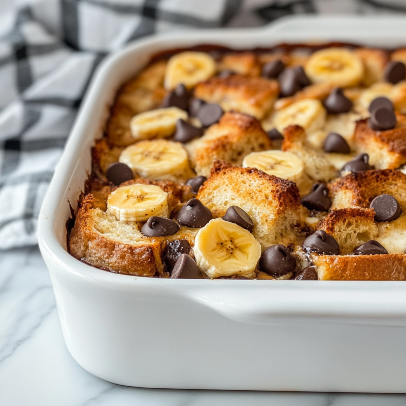 Cottage Cheese Chocolate Chip Banana Bread Pudding