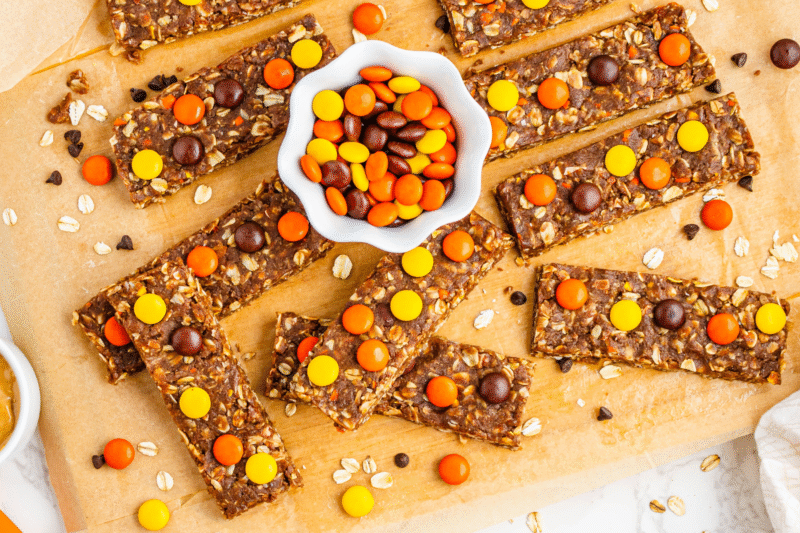 Chewy Peanut Butter Reese’s Pieces Protein Bars