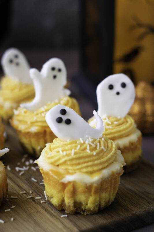 Mini Halloween Candy Corn Cheesecakes