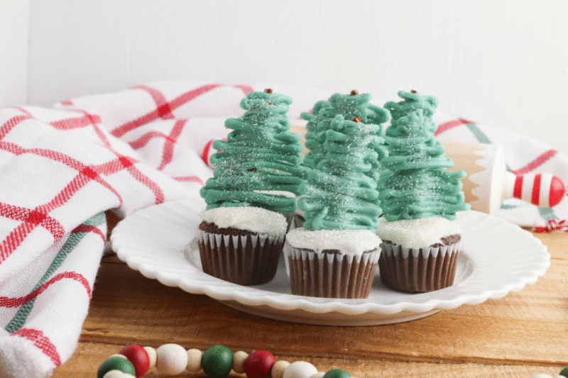 Chocolate Christmas Tree Mini Cupcakes with Pretzel Trunks