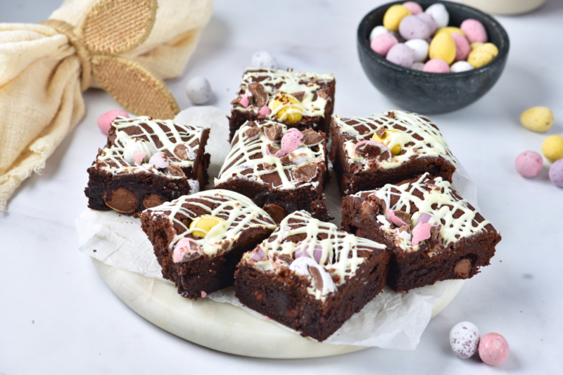 Ultra Fudgy Mini Eggs Brownies with a White Chocolate Drizzle