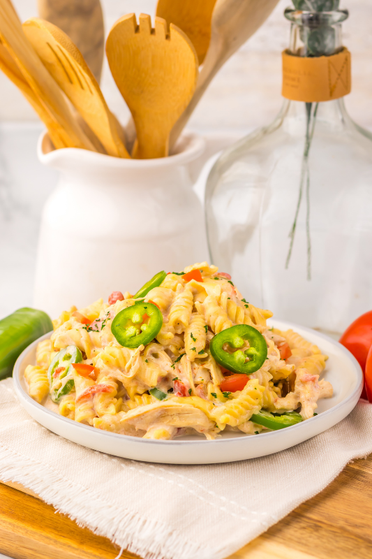 Crockpot Queso Chicken Pasta